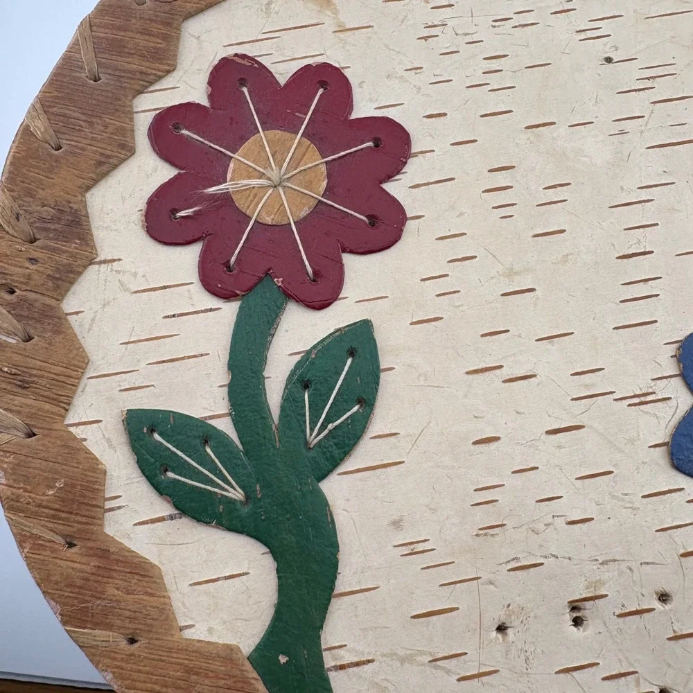Vintage‎ Handcrafted Birch Bark Floral Applique Storage Box with Lid Rustic Folk